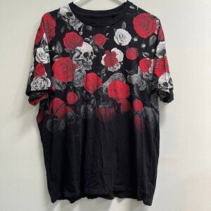 Guess Streetwear Men's Short Sleeve Skull‎ Roses Black Red Cotton Shirt Size XXL